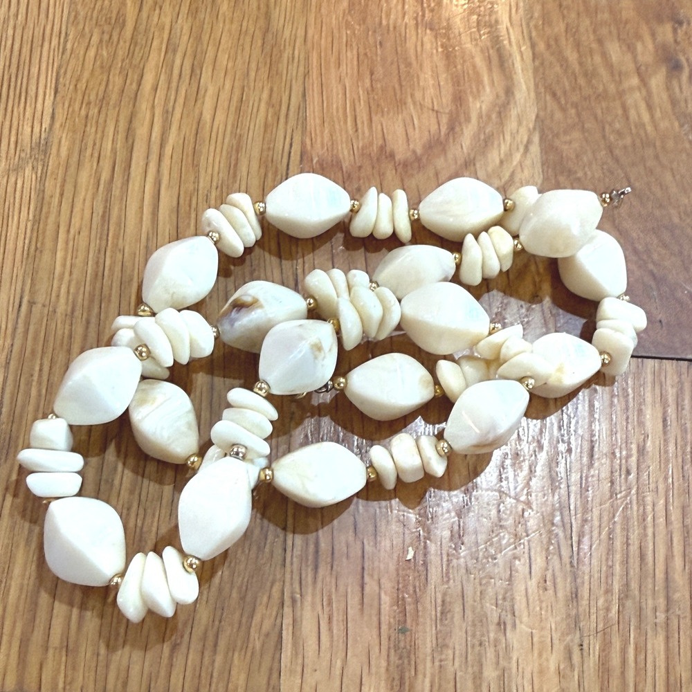 Vintage White Shell Bead Necklace Gold Tone Spacers 23.5 Inch Coastal Boho